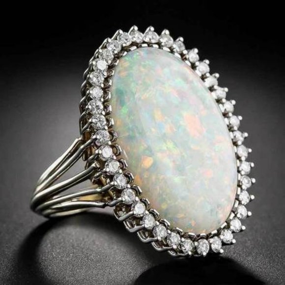 *NEW Huge Opal Diamond Halo Sterling Silver Ring - Picture 7 of 7